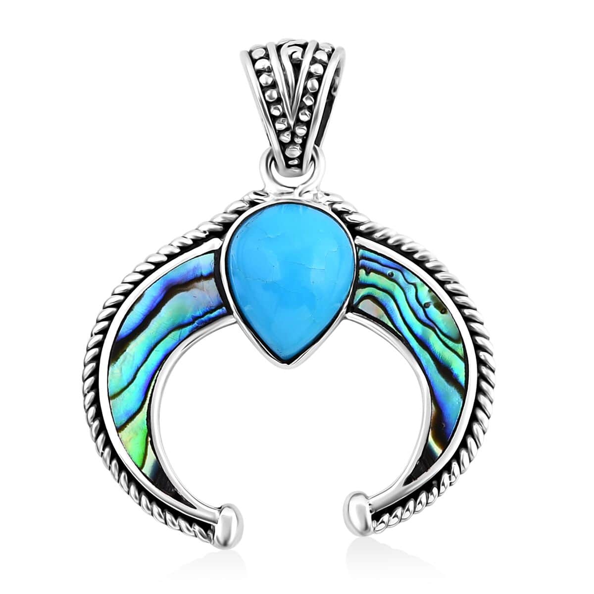 Bali Legacy Sleeping Beauty Turquoise and Abalone Shell Squash Blossom Pendant in Sterling Silver 2.90 ctw image number 0