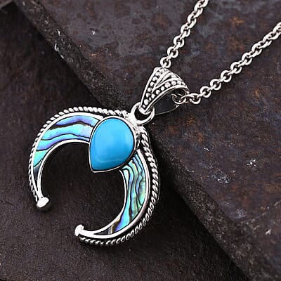 Bali Legacy Sleeping Beauty Turquoise and Abalone Shell Squash Blossom Pendant without Chain in Sterling Silver 2.90 ctw