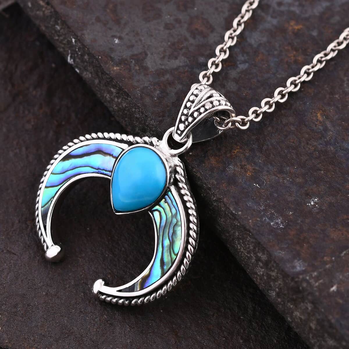 Bali Legacy Sleeping Beauty Turquoise and Abalone Shell Squash Blossom Pendant in Sterling Silver 2.90 ctw image number 1
