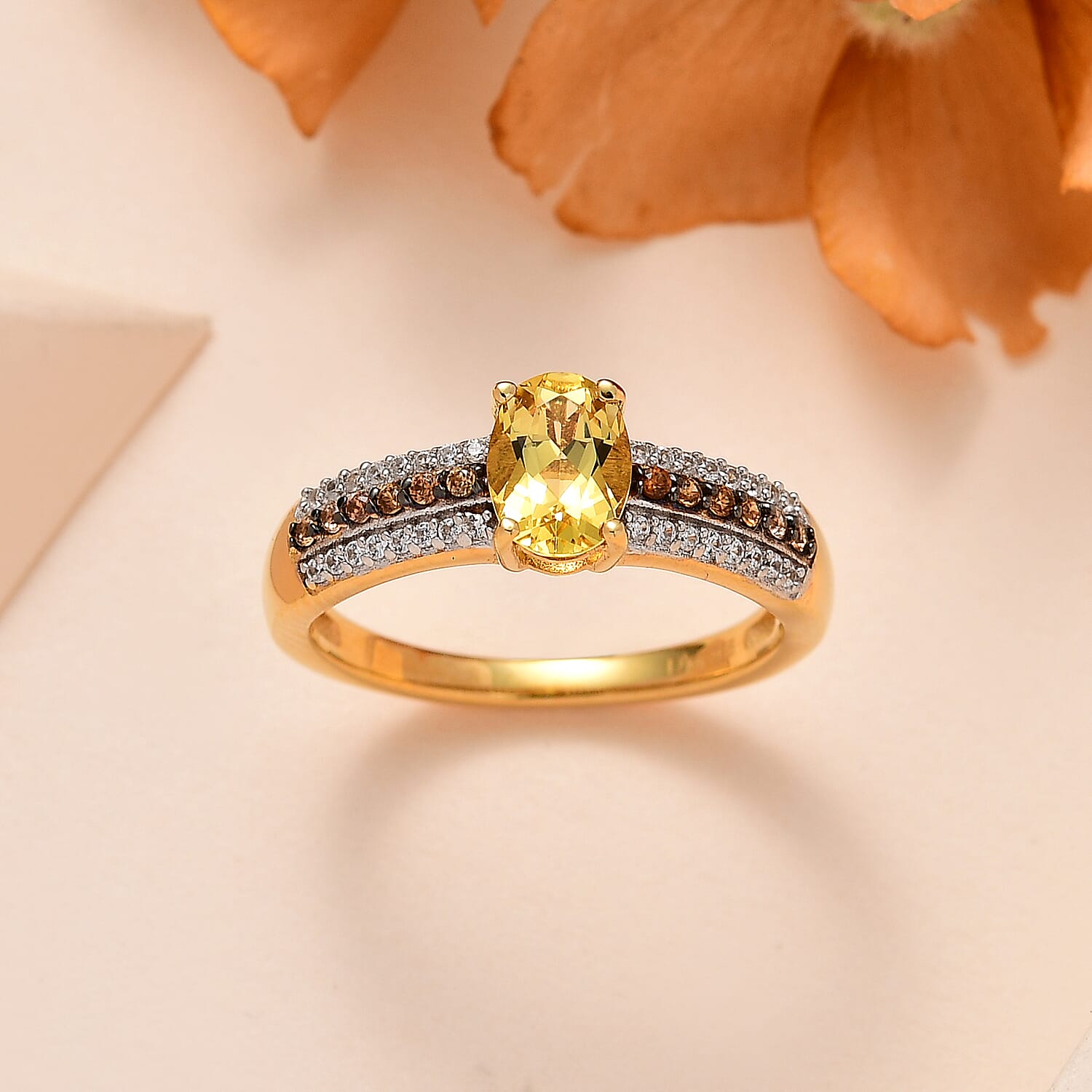 Brazilian Heliodor, Brown and White Zircon Ring in Vermeil Yellow Gold Over Sterling Silver (Size 10.0) 1.00 ctw