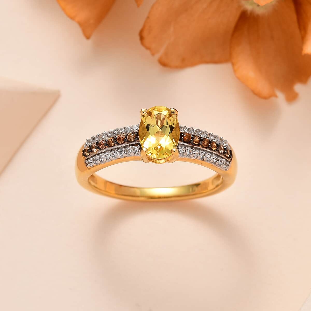 Brazilian Heliodor, Brown and White Zircon Ring in Vermeil Yellow Gold Over Sterling Silver (Size 10.0) 1.00 ctw image number 1