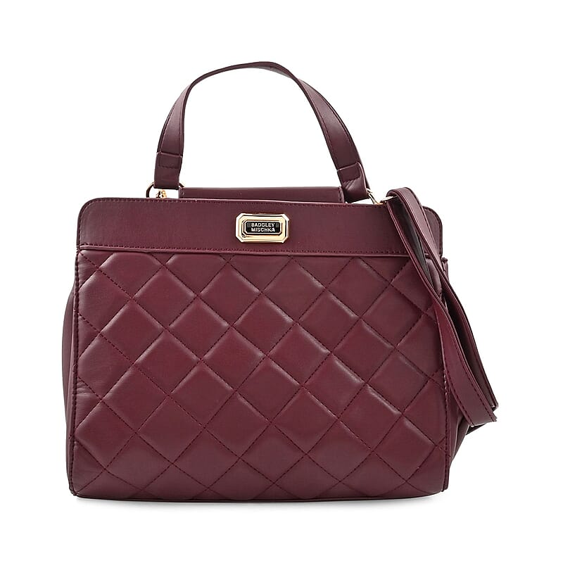 Badgley Mischka Plum Vegan Leather Double Compartment Shoulder Bag with Turn Lock and Detachable Strap
