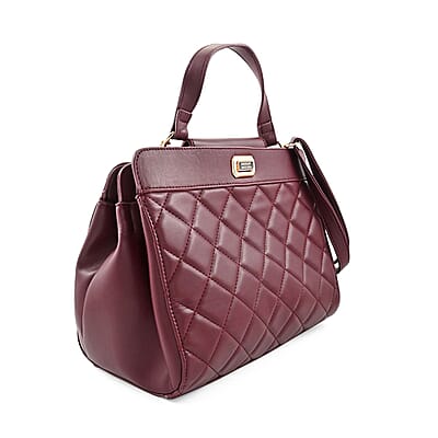 Badgley Mischka Plum Vegan Leather Double Compartment Shoulder Bag with Turn Lock and Detachable Strap