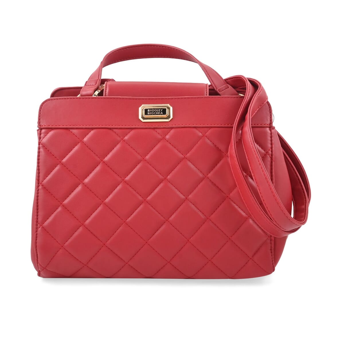Badgley Mischka Red Vegan Leather Double Compartment Shoulder Bag with Turn Lock and Detachable Strap image number 0