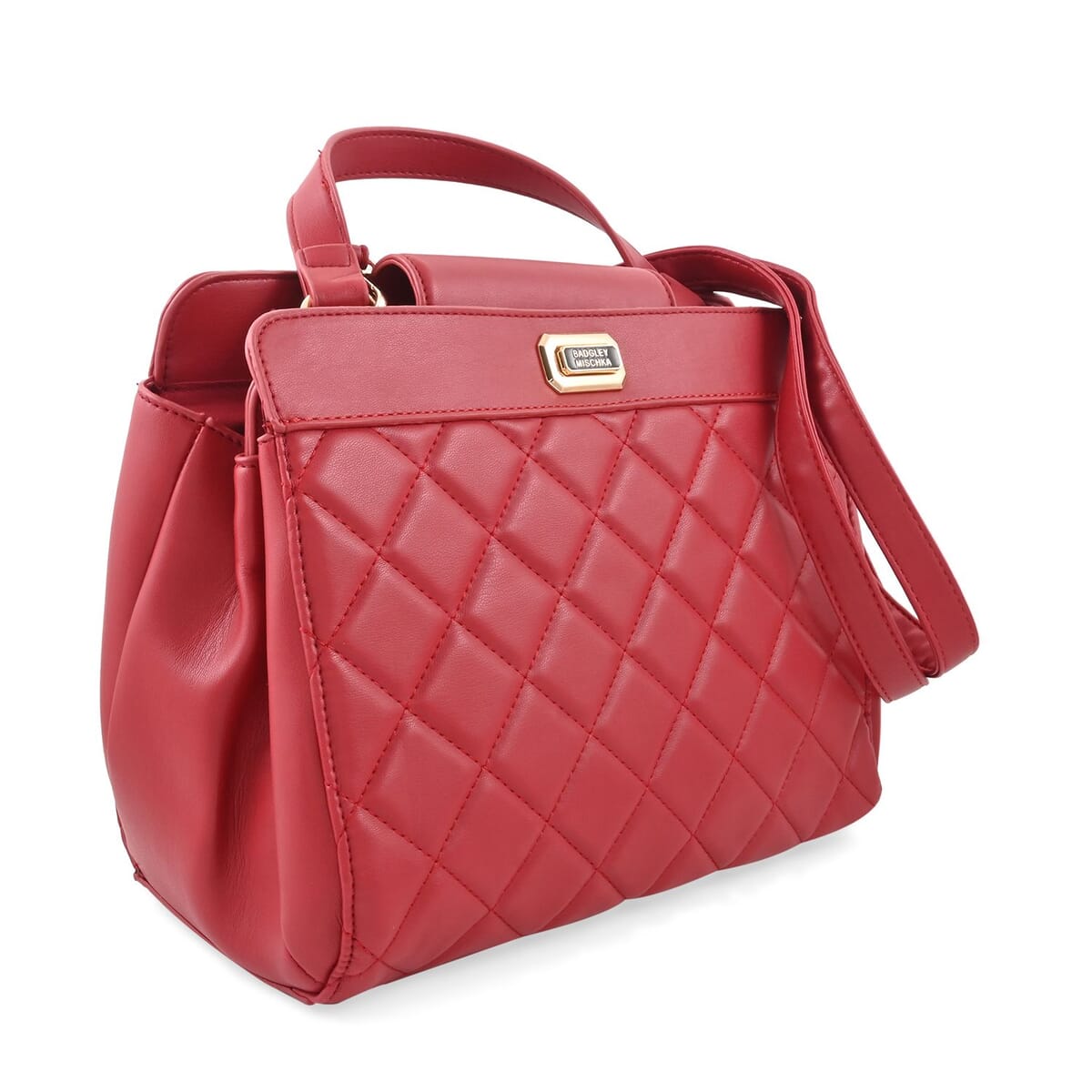 Badgley Mischka Red Vegan Leather Double Compartment Shoulder Bag with Turn Lock and Detachable Strap image number 1