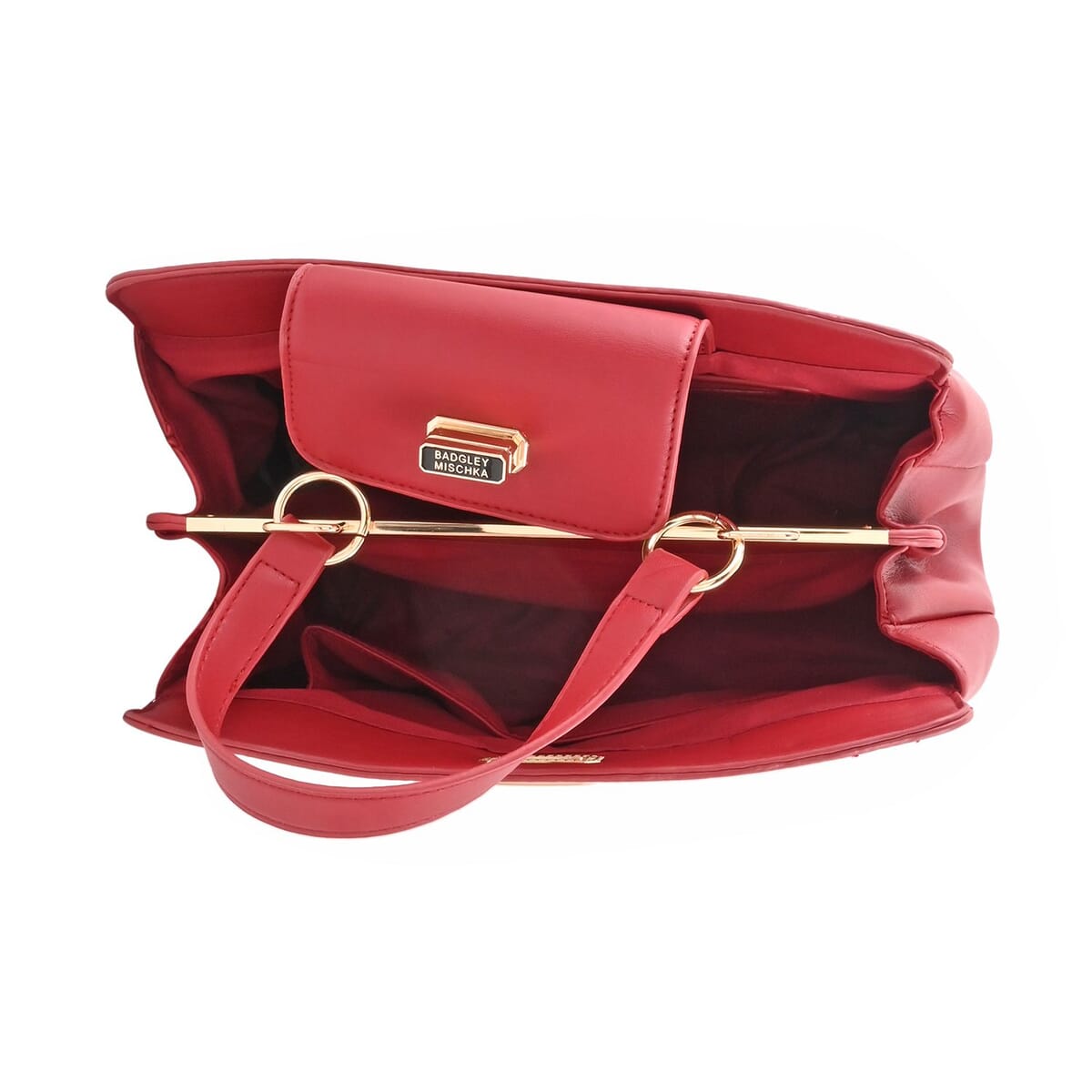 Badgley Mischka Red Vegan Leather Double Compartment Shoulder Bag with Turn Lock and Detachable Strap image number 4