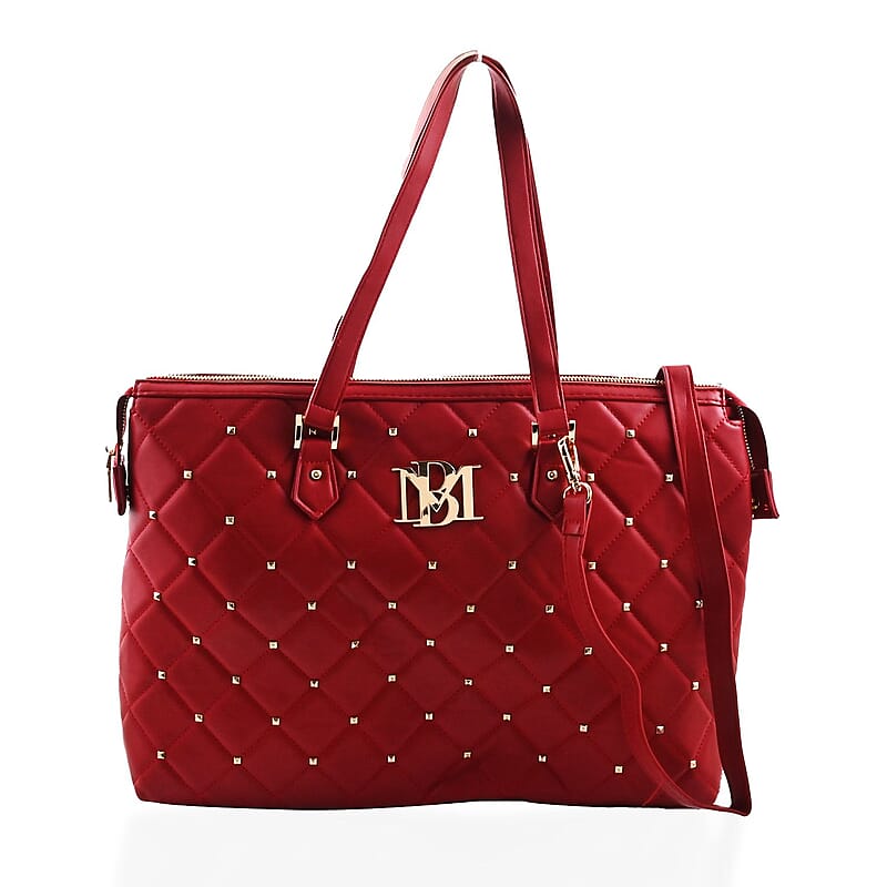 Badgley Mischka Red Vegan Leather Quilted Shoulder Bag with Zip Top