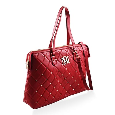 Badgley Mischka Red Vegan Leather Quilted Shoulder Bag with Zip Top
