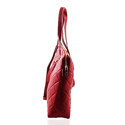 Badgley Mischka Red Vegan Leather Quilted Shoulder Bag with Zip Top
