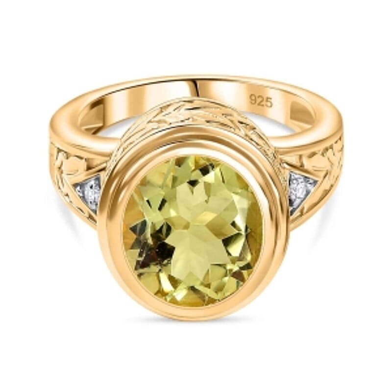 Green Gold Quartz and White Zircon 4.48 ctw Ring in Vermeil Yellow Gold Over Sterling Silver (Size 11.5)