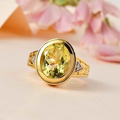 Green Gold Quartz and White Zircon 4.48 ctw Ring in Vermeil Yellow Gold Over Sterling Silver (Size 11.5)