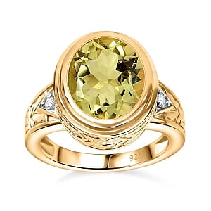 Green Gold Quartz and White Zircon 4.48 ctw Ring in Vermeil Yellow Gold Over Sterling Silver (Size 11.5)