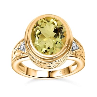 Green Gold Quartz and White Zircon 4.48 ctw Ring in Vermeil Yellow Gold Over Sterling Silver (Size 11.5)