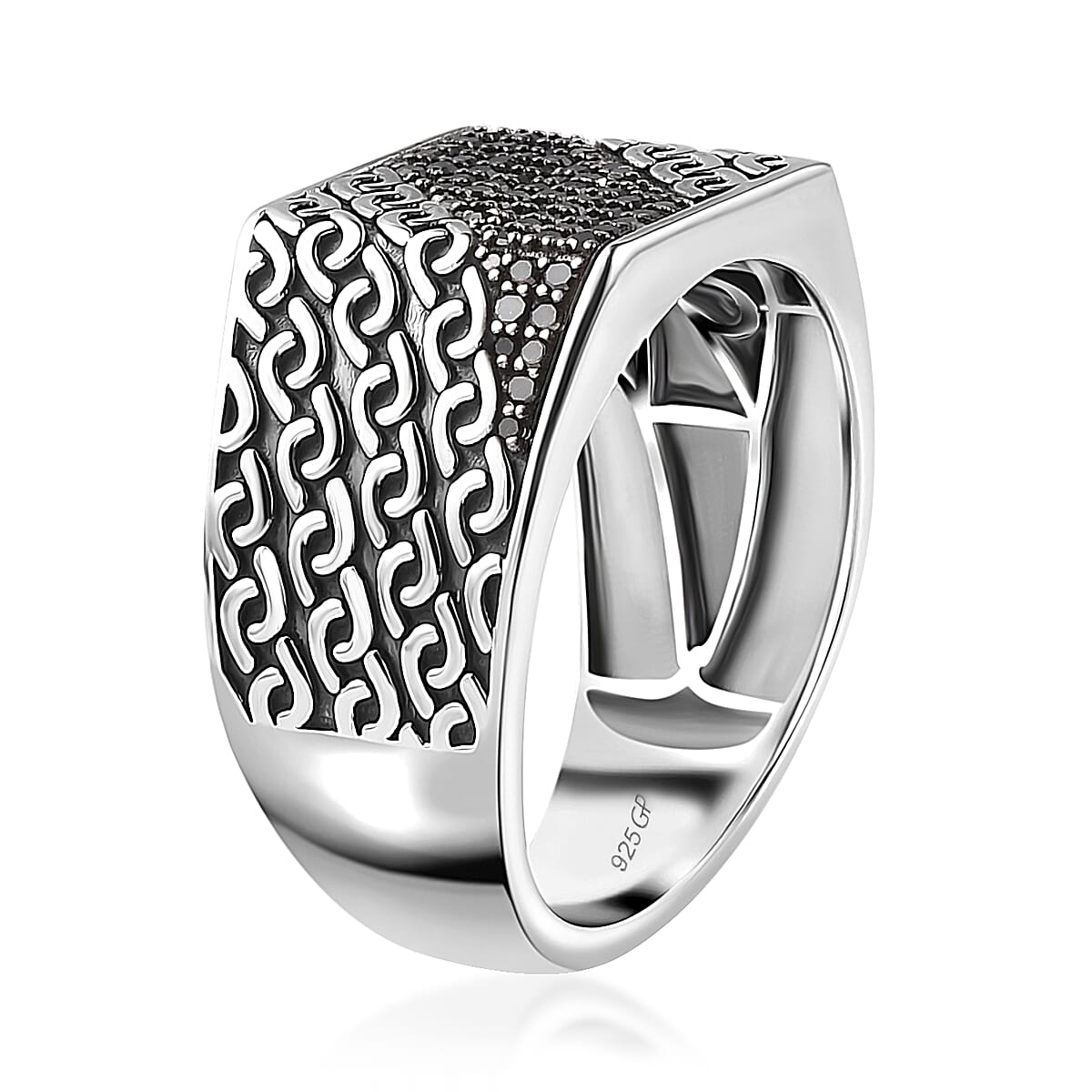 GP Royal Art Deco Collection Black Diamond Men's Ring in Platinum Over Sterling Silver (Size 11.0) 0.50 ctw