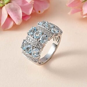 Aquamarine and White Zircon 3.22 ctw Ring in Rhodium Over Sterling Silver (Size 6.5)