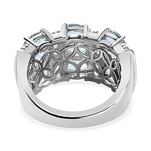 Aquamarine and White Zircon 3.22 ctw Ring in Rhodium Over Sterling Silver (Size 6.5)