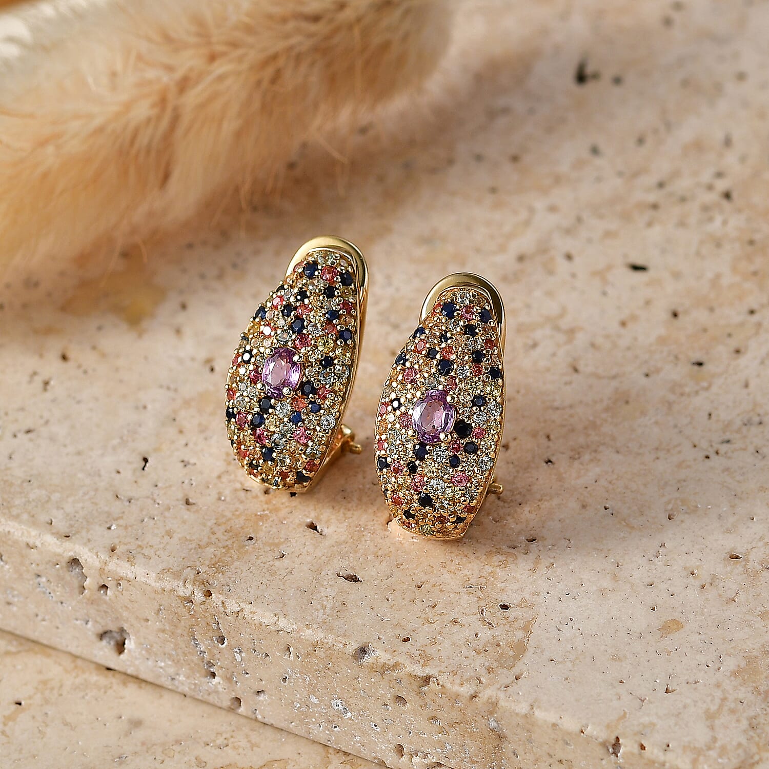 Premium Madagascar Pink Sapphire and Multi Gemstone 2.30 ctw Earrings in 18K Vermeil Yellow Gold Over Sterling Silver