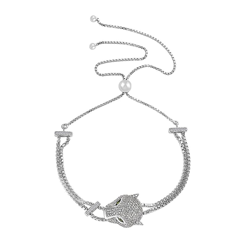 GP Trionfo Collection Chrome Diopside and Diamond Panther Head Bolo Bracelet in Platinum Over Sterling Silver 1.15 ctw