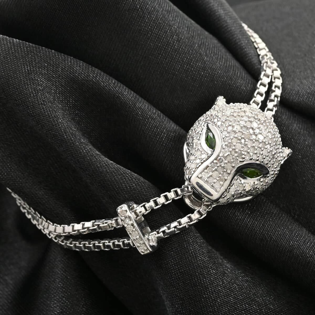 GP Trionfo Collection Chrome Diopside and Diamond Panther Head Bolo Bracelet in Platinum Over Sterling Silver 1.15 ctw image number 1