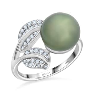 Certified & Appraised Iliana 18K White Gold AAA Tahitian Pearl 11mm and SI Diamond Ring (Size 10.0) 4.13 Grams 0.27 ctw