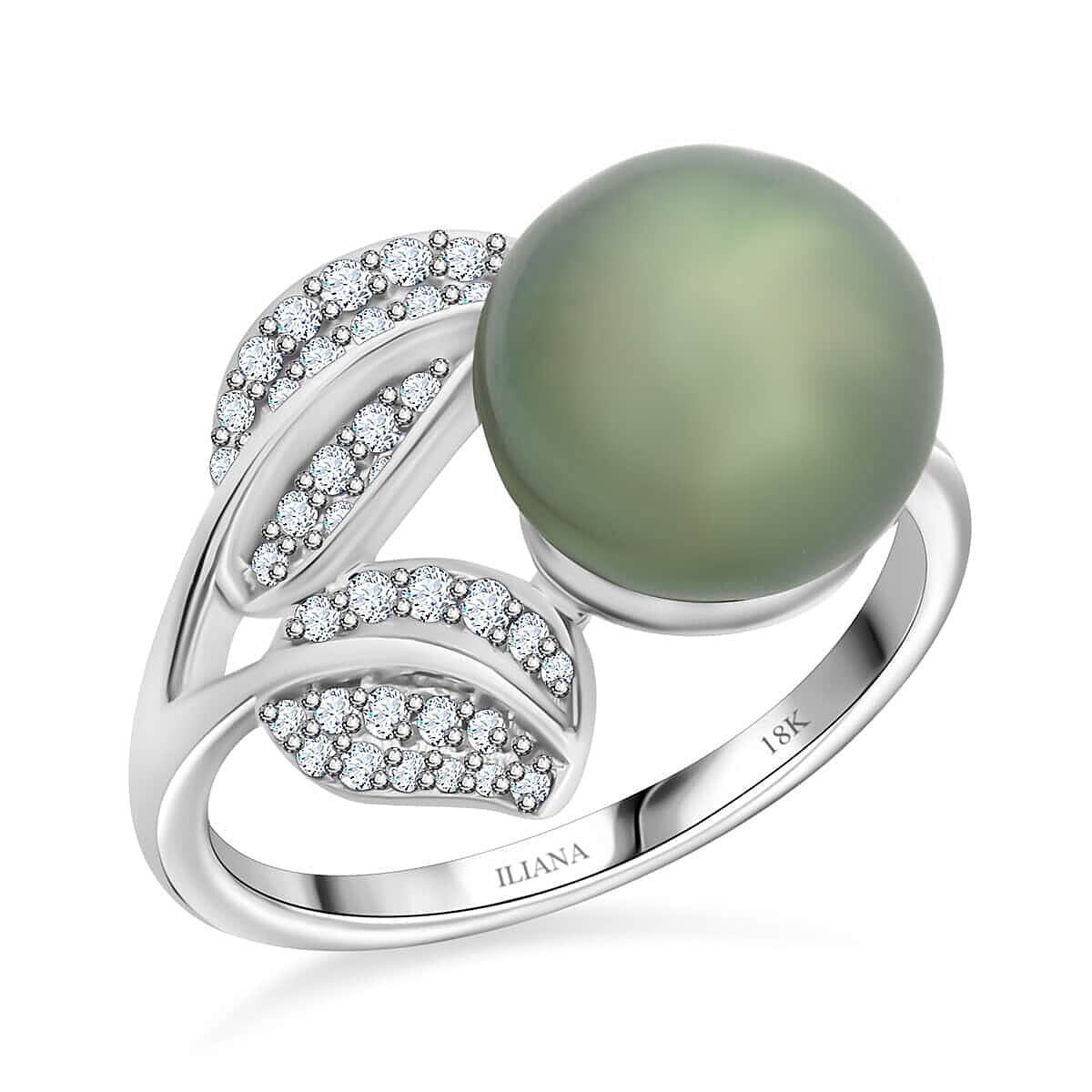 Certified & Appraised Iliana AAA Tahitian Pearl 11mm and SI Diamond 0.27 ctw Ring in 18K White Gold (Size 6.5) 4.13 Grams image number 0