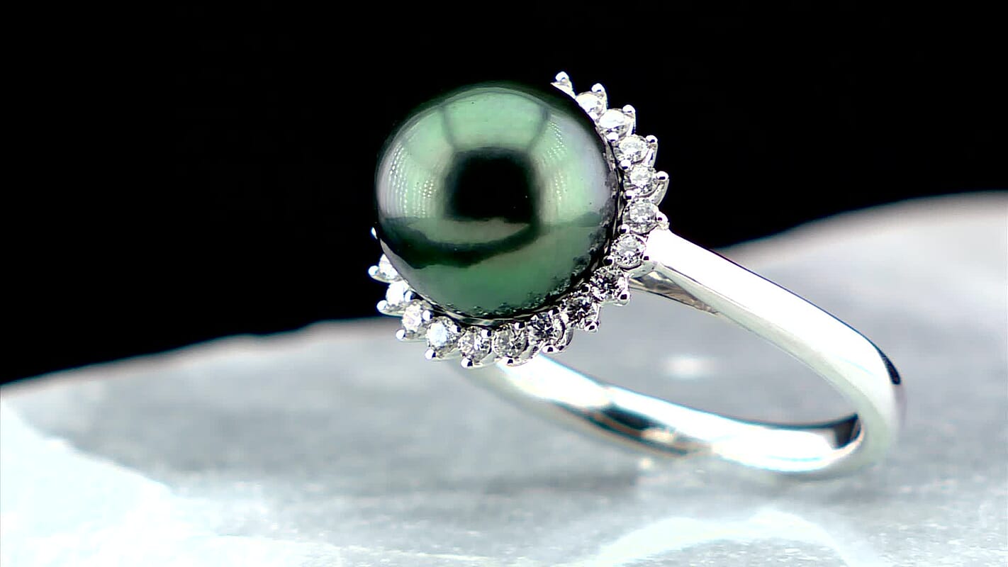 Certified & Appraised Iliana 18K White Gold AAA Tahitian Pearl 9.5-10mm and SI Diamond Ring (Size 10.0) 0.26 ctw