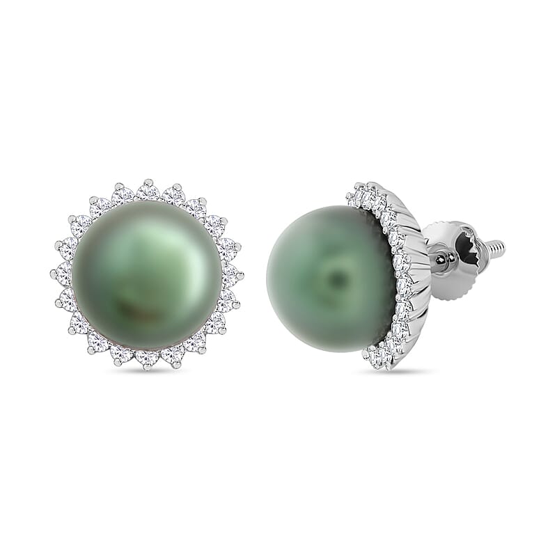 Certified & Appraised Iliana 18K White Gold AAA Tahitian Pearl 8-8.50mm and SI Diamond Earrings 0.32 ctw
