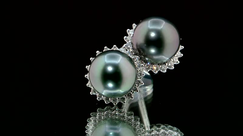 Certified & Appraised Iliana 18K White Gold AAA Tahitian Pearl 8-8.50mm and SI Diamond Earrings 0.32 ctw