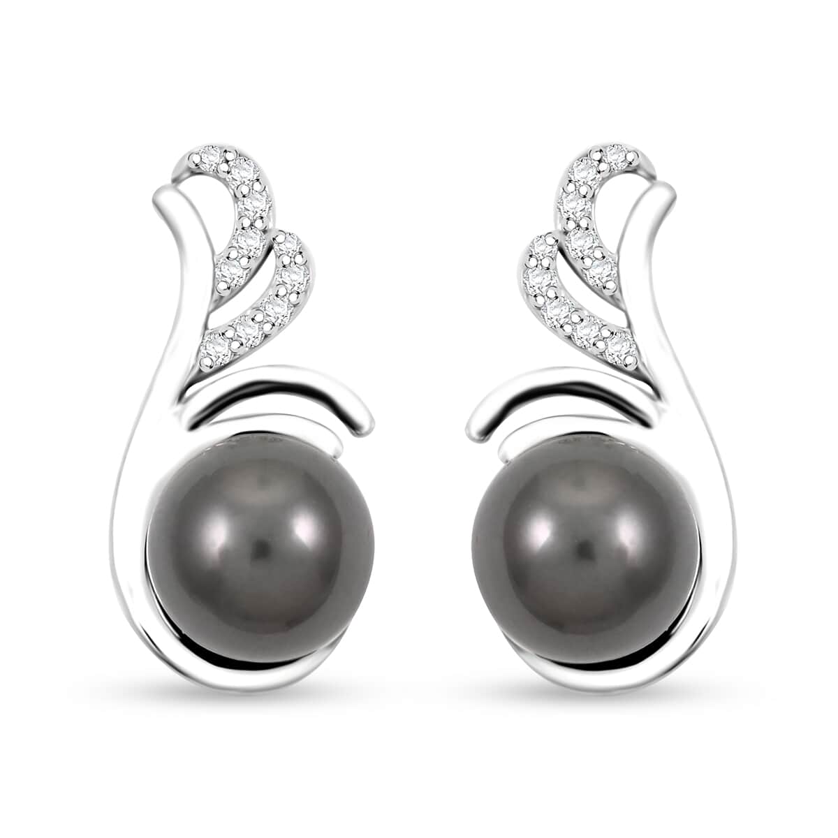 Certified & Appraised Iliana 18K White Gold AAA Tahitian Pearl 8-8.50mm and SI Diamond Earrings 0.15 ctw image number 0