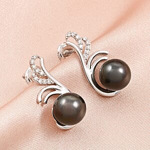 Certified & Appraised Iliana 18K White Gold AAA Tahitian Pearl 8-8.50mm and SI Diamond Earrings 0.15 ctw