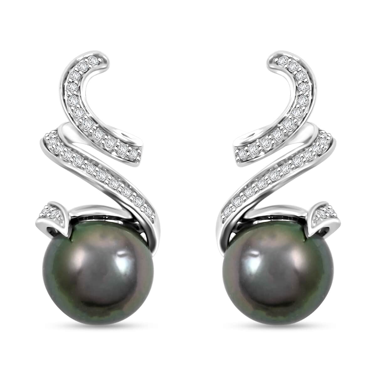 Certified & Appraised Iliana 18K White Gold AAA Tahitian Pearl 9.5-10mm and SI Diamond Earrings 0.21 ctw image number 0