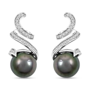 Certified & Appraised Iliana 18K White Gold AAA Tahitian Pearl 9.5-10mm and SI Diamond Earrings 0.21 ctw