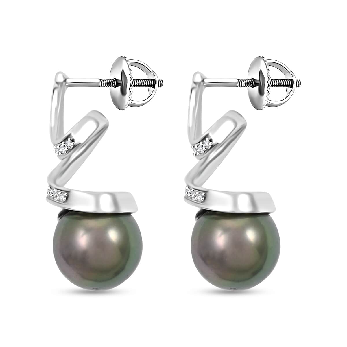 Certified & Appraised Iliana 18K White Gold AAA Tahitian Pearl 9.5-10mm and SI Diamond Earrings 0.21 ctw image number 3