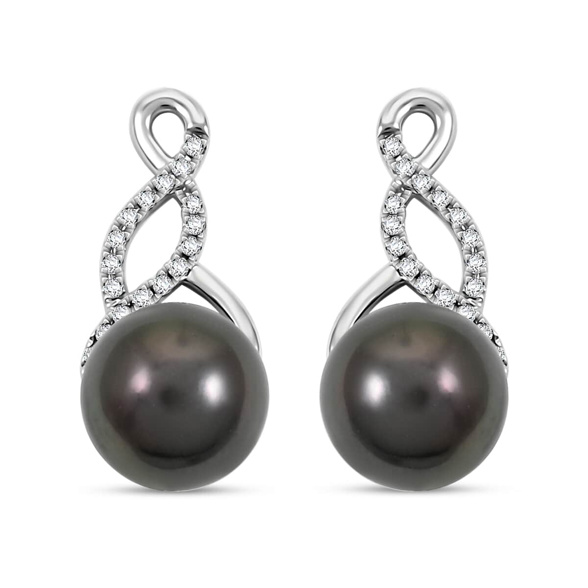 Certified & Appraised Iliana 18K White Gold AAA Tahitian Pearl 8.5-9mm and SI Diamond Earrings 0.16 ctw image number 0