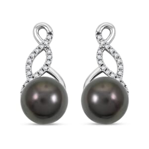 Certified & Appraised Iliana 18K White Gold AAA Tahitian Pearl 8.5-9mm and SI Diamond Earrings 0.16 ctw