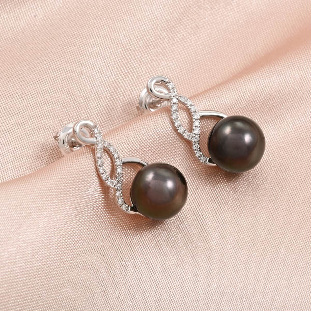 Certified & Appraised Iliana 18K White Gold AAA Tahitian Pearl 8.5-9mm and SI Diamond Earrings 0.16 ctw image number 1