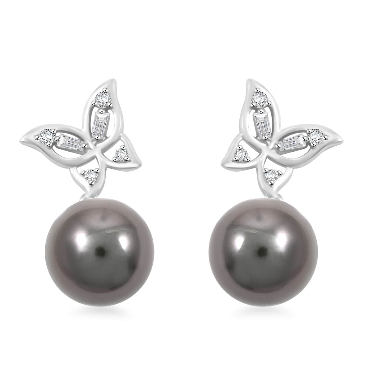 Certified & Appraised Iliana 18K White Gold AAA Tahitian Pearl 10-10.5mm and SI Diamond Earrings 0.18 ctw image number 0