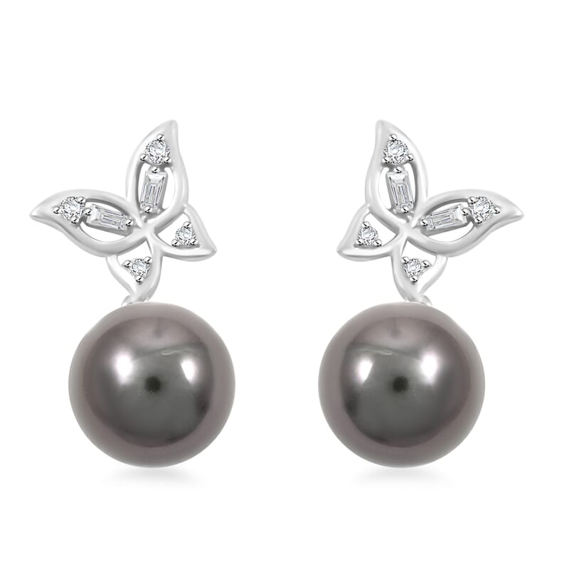 Certified & Appraised Iliana 18K White Gold AAA Tahitian Pearl 10-10.5mm and SI Diamond Earrings 0.18 ctw