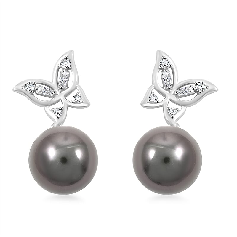 Certified & Appraised Iliana 18K White Gold AAA Tahitian Pearl 10-10.5mm and SI Diamond Earrings 0.18 ctw
