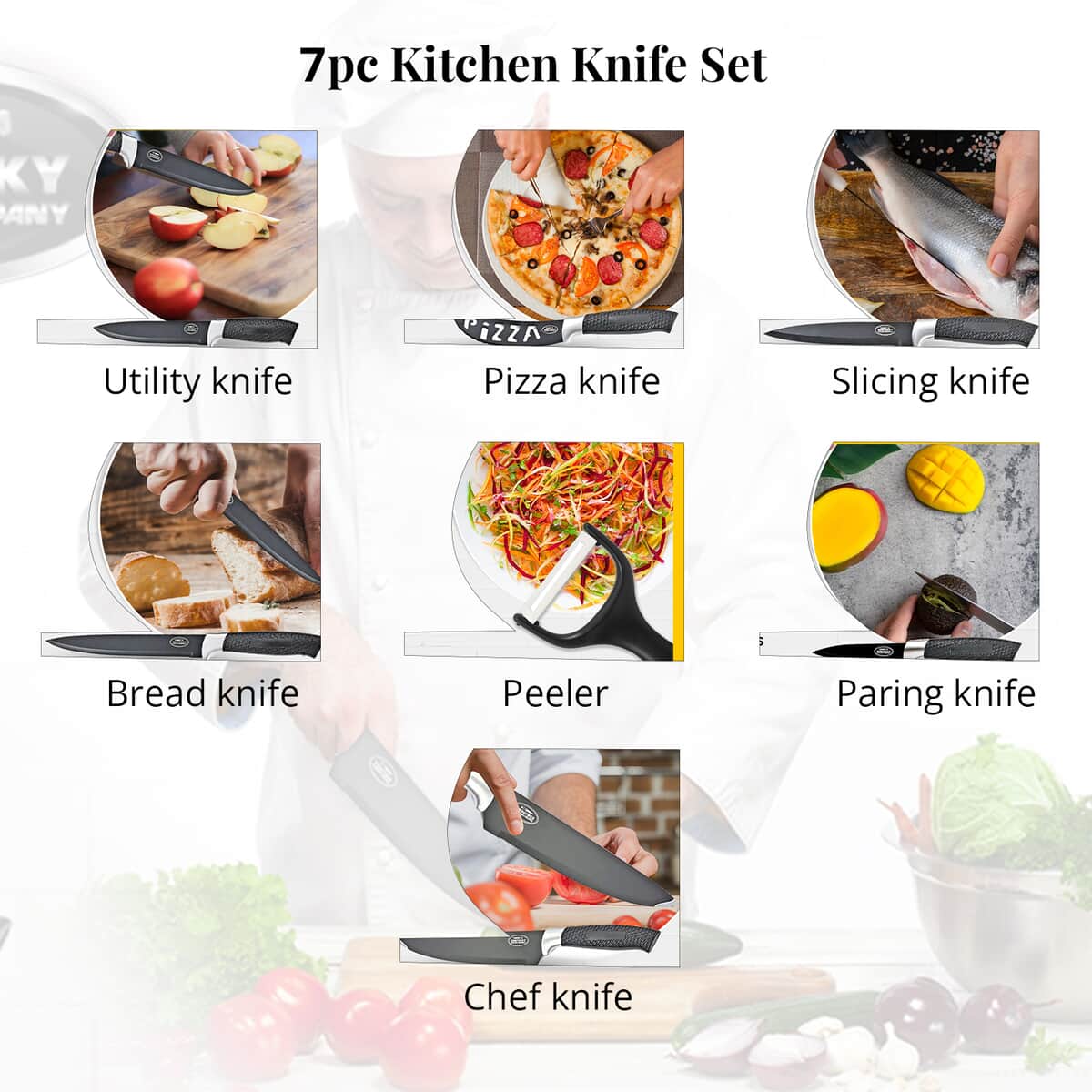 Black and Silver 7pc Kitchen Knife Set image number 3