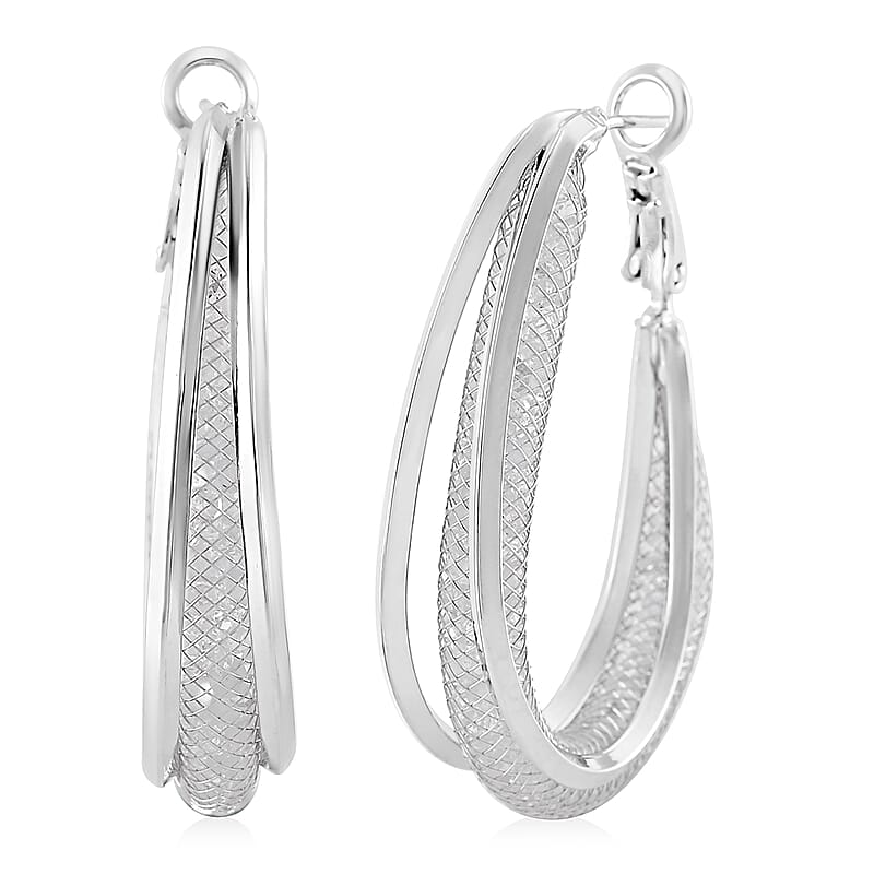 Sparkly White Austrian Crystal Infinity Inside Out Hoop Earrings in Silvertone