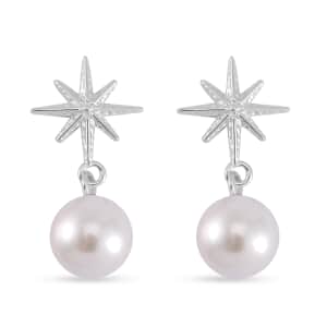 White Shell Pearl Star Earrings in Rhodium Over Sterling Silver