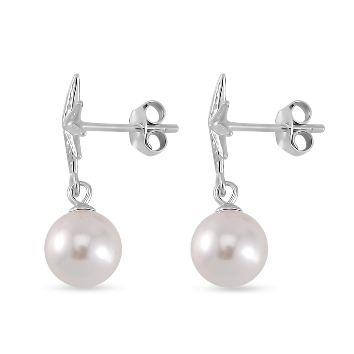 White Shell Pearl Star Earrings in Rhodium Over Sterling Silver