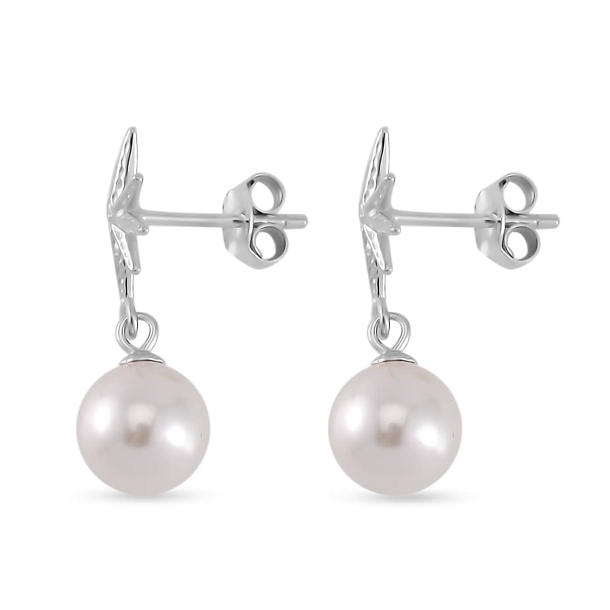 White Shell Pearl Star Earrings in Rhodium Over Sterling Silver image number 3
