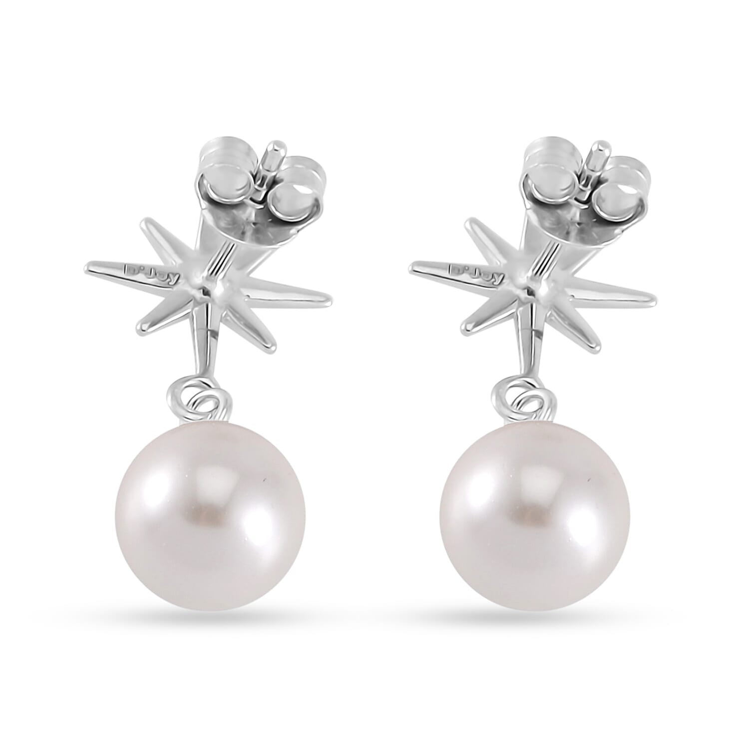 White Shell Pearl Star Earrings in Rhodium Over Sterling Silver
