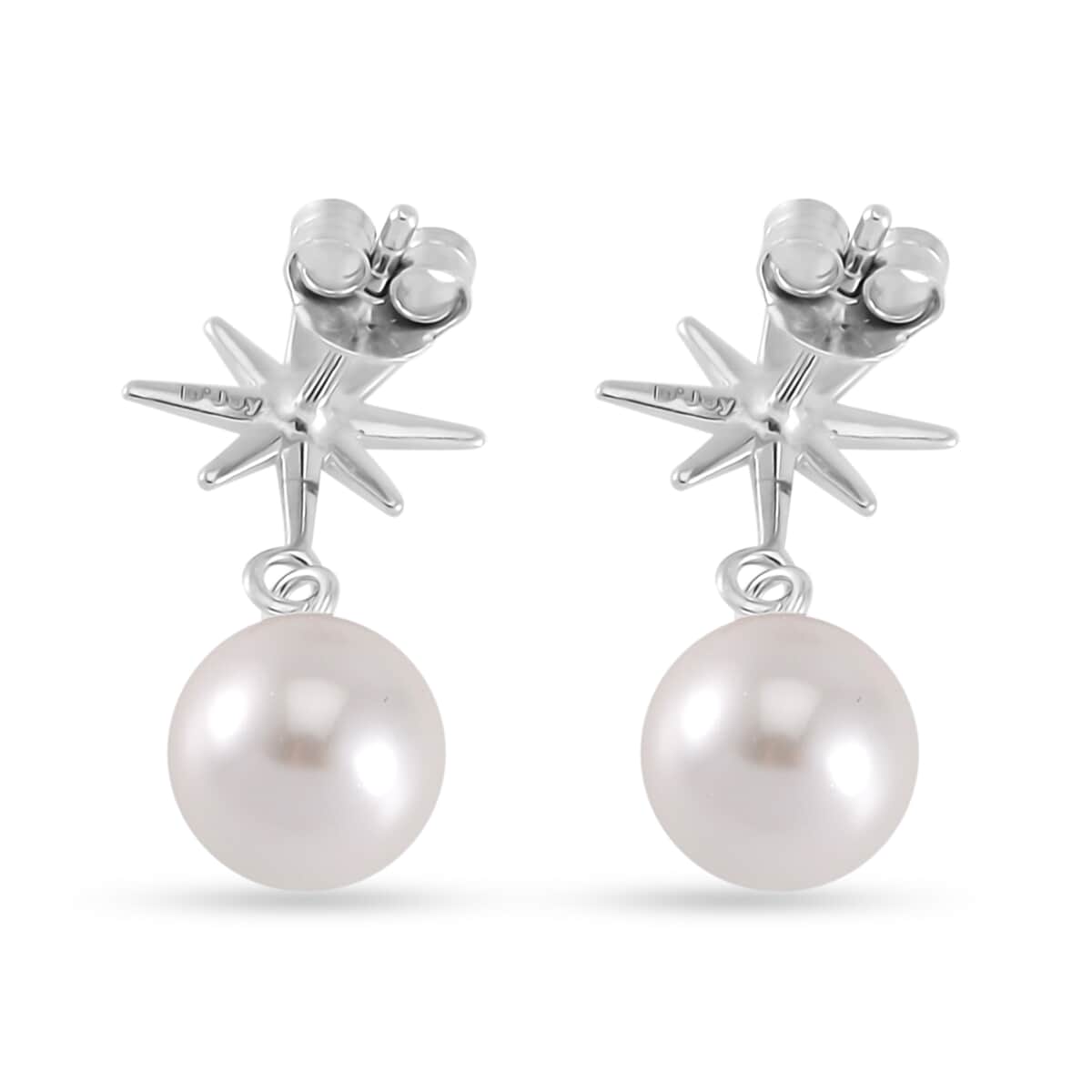 White Shell Pearl Star Earrings in Rhodium Over Sterling Silver image number 4