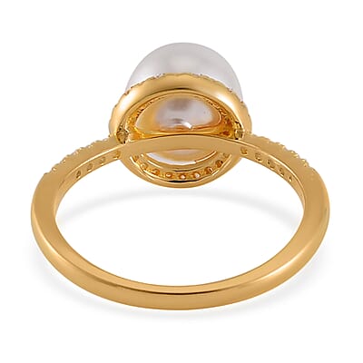 White Shell Pearl and Simulated Diamond Halo Ring in 14K Yellow Gold Over Sterling Silver (Size 10.0) 0.35 ctw