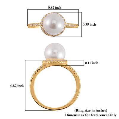 White Shell Pearl and Simulated Diamond Halo Ring in 14K Yellow Gold Over Sterling Silver (Size 10.0) 0.35 ctw