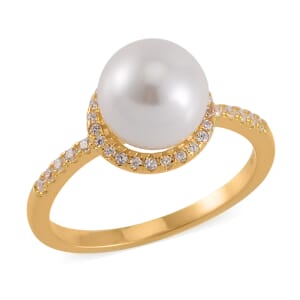 White Shell Pearl and Simulated Diamond Halo Ring in 14K Yellow Gold Over Sterling Silver (Size 9.0) 0.35 ctw