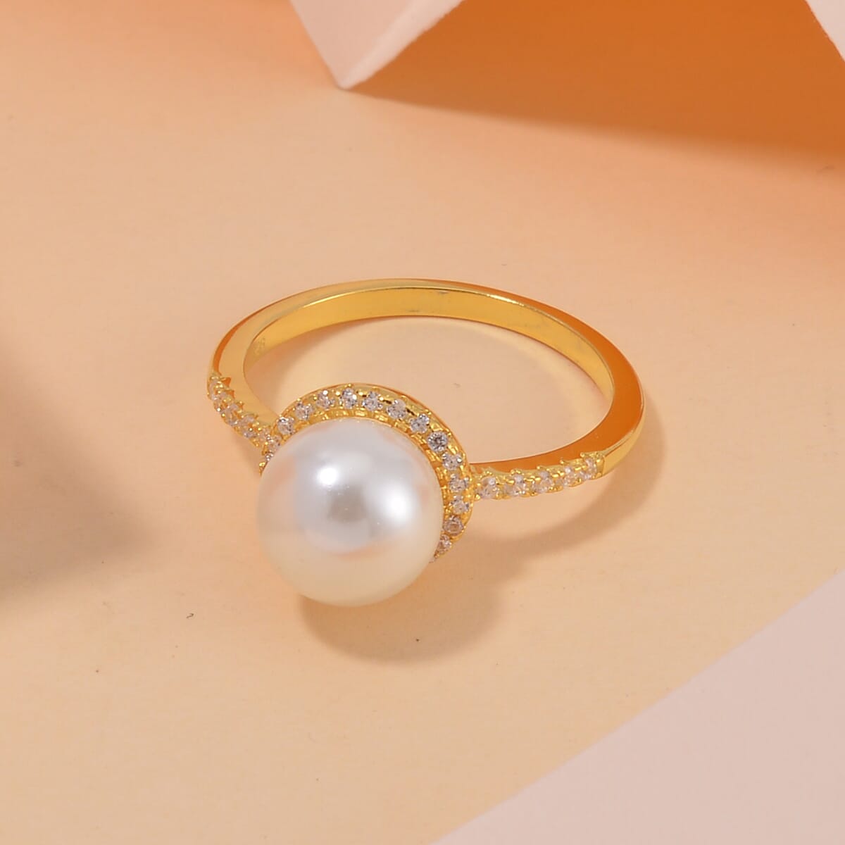 White Shell Pearl and Simulated Diamond Halo Ring in 14K Yellow Gold Over Sterling Silver (Size 9.0) 0.35 ctw image number 1